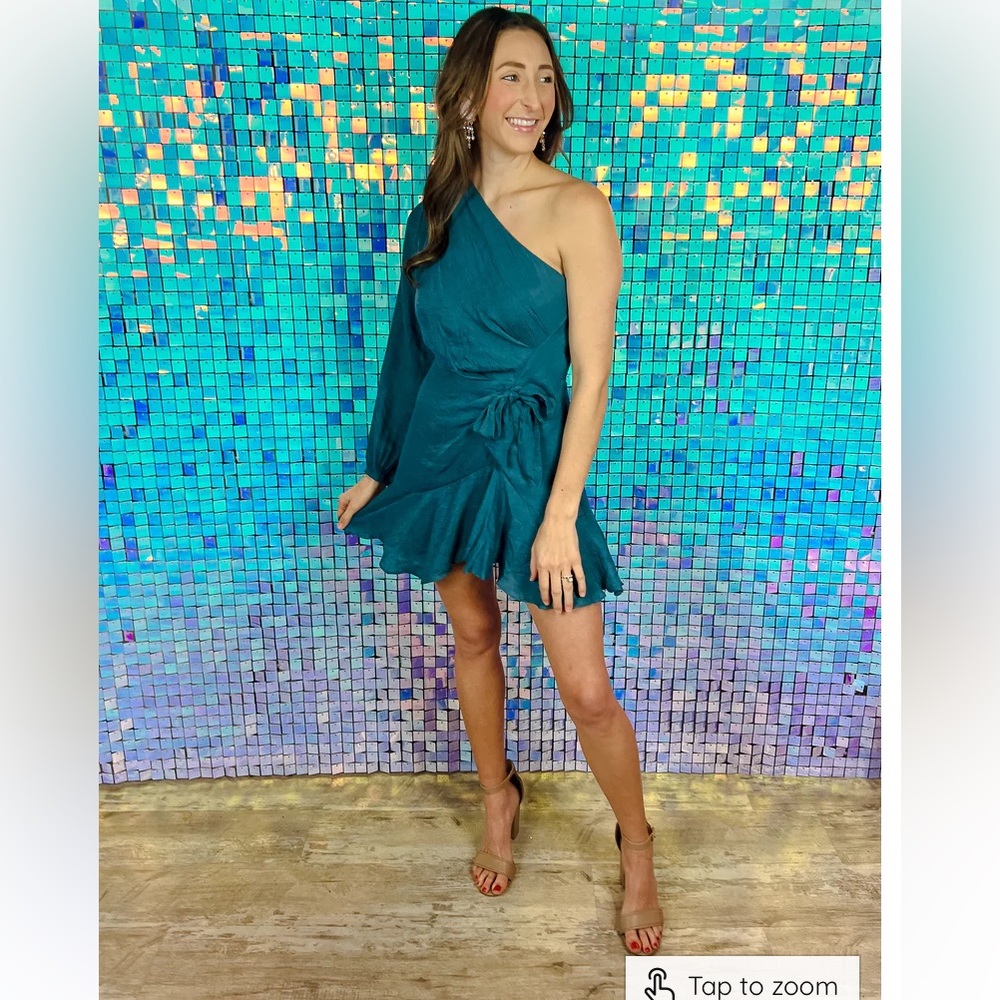 KARSYN ONE SHOULDER RUFFLE SKIRT DRESS - SMOKEY SEA GREEN